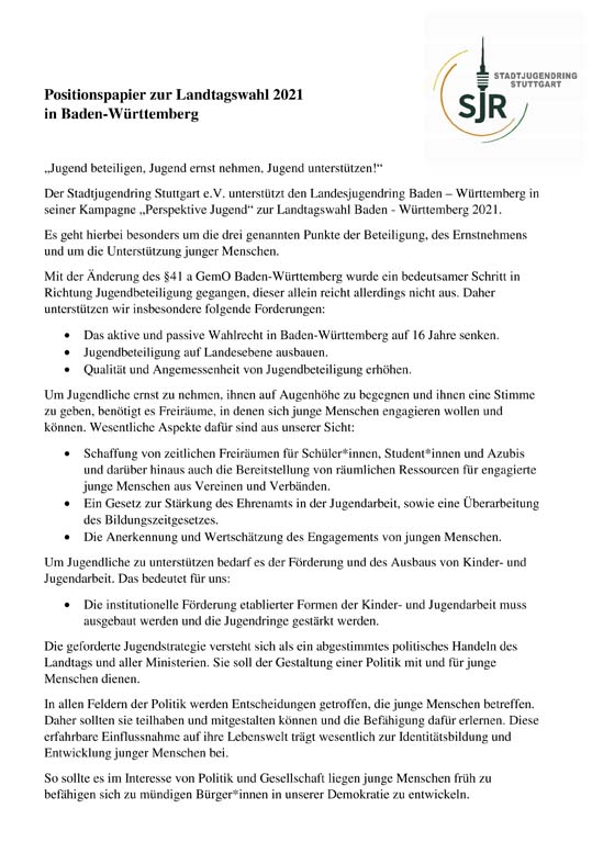 Positionspapier zur Landtagswahl 2021 in Baden-Württemberg